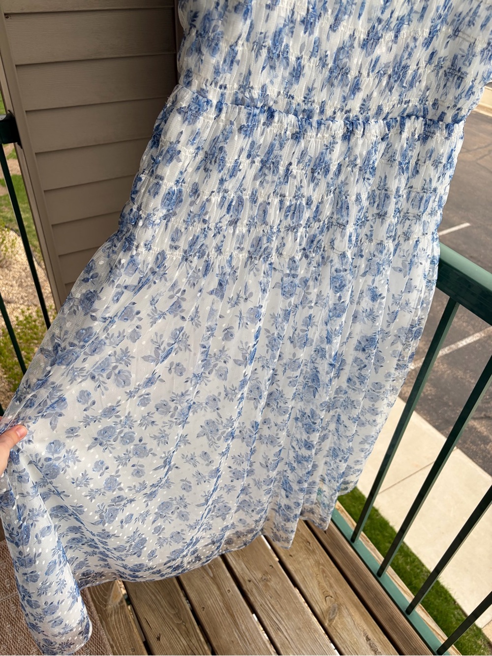 🆕🦋AQUA Blue White Floral Midi Dress Size L Bodice Tulle Overlay Cottagecore - Picture 9 of 17